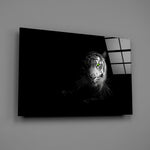 Apex-predator wildlife cinematic glass wall art in luxury-watch boutique entry