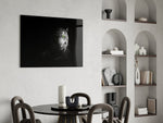 Black-and-white tiger cinematic glass wall art over modern dining sideboard