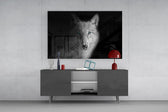 Lone-hunter cinematic glass wall art in boutique-hotel lounge