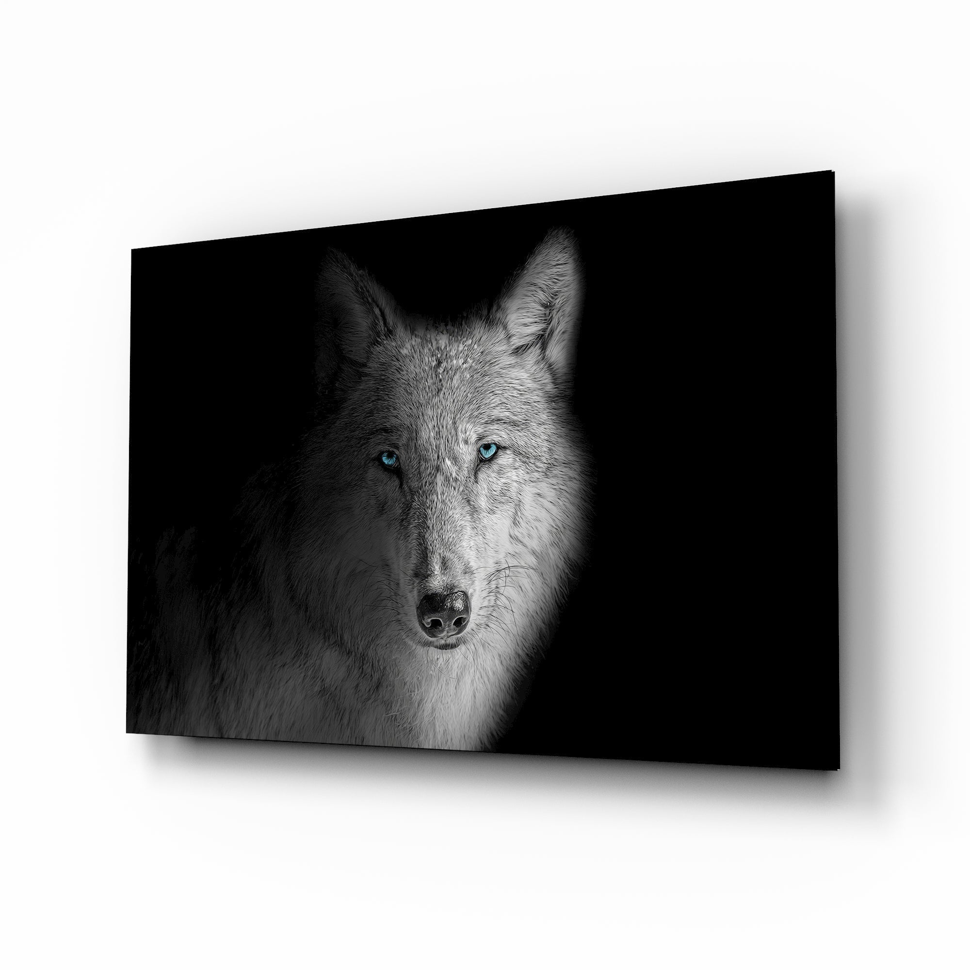 Blue-eyed wolf cinematic glass wall art over walnut console in designer office