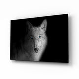 Blue-eyed wolf cinematic glass wall art over walnut console in designer office