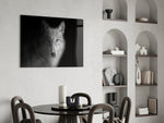 Black-and-white wolf cinematic glass wall art over modern dining sideboard