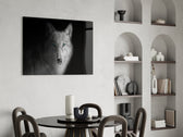 Black-and-white wolf cinematic glass wall art over modern dining sideboard