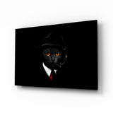 Mob boss cat cinematic glass wall art over walnut console in designer cigar lounge