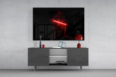 Crimson-saber cellist cinematic glass wall art in masculine-luxe study