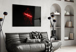 Lightsaber-bow cinematic glass wall art in creative-agency reception