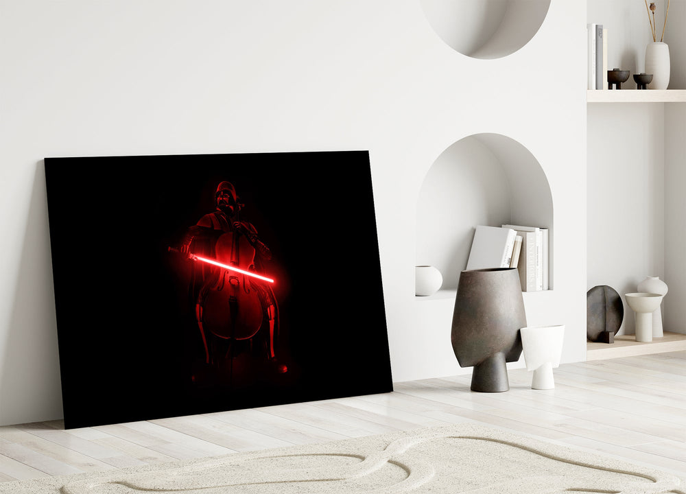Vader-cellist cinematic glass wall art in private library reading nook