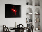 Sci-fi pop humor cinematic glass wall art over modern game-room console