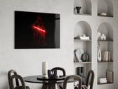 Sci-fi pop humor cinematic glass wall art over modern game-room console