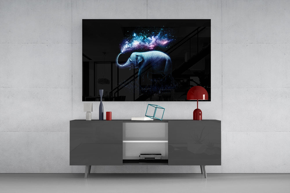 Nebula elephant cinematic glass wall art in light-filled atelier