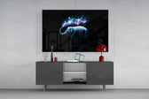 Nebula elephant cinematic glass wall art in light-filled atelier
