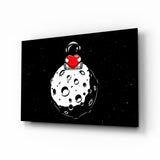 Astronaut with heart on moon cinematic glass wall art over walnut console in designer child bedroom