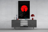 Pop-graphic samurai cinematic glass wall art in boutique-hotel lounge