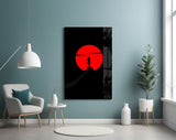 Rising-sun silhouette cinematic glass wall art in film-screening room