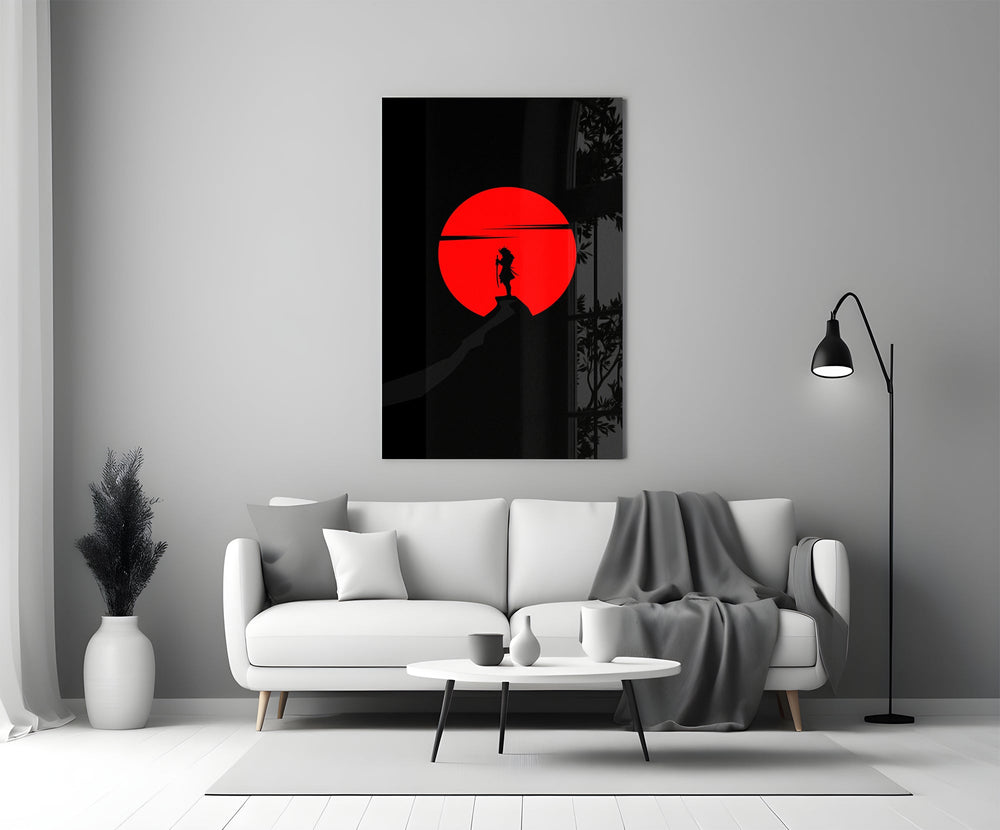 Hokusai-style minimalist cinematic glass wall art in heritage stairwell