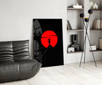 Katana-warrior cinematic glass wall art over modern dining sideboard