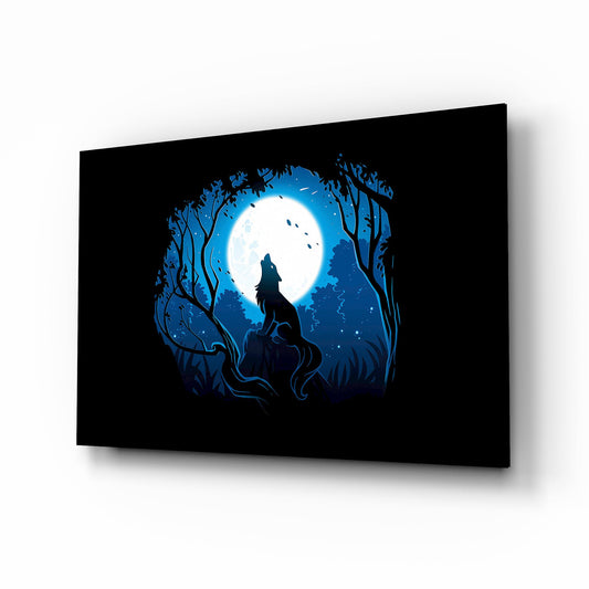 Wolf howling at moon cinematic glass wall art over walnut console in designer bedroom