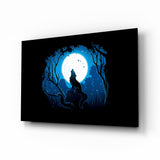 Wolf howling at moon cinematic glass wall art over walnut console in designer bedroom