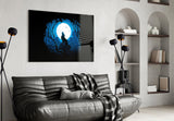 Howling-wolf cinematic glass wall art in hunting-lodge dining hall