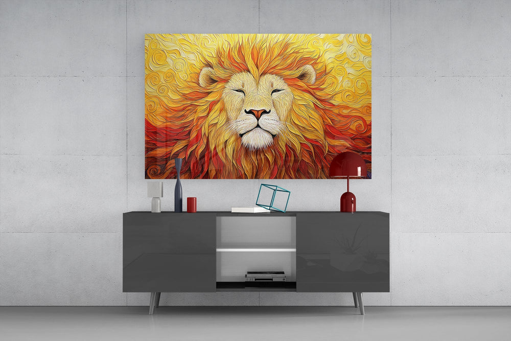 Painterly wildlife cinematic glass wall art in boutique-hotel lounge