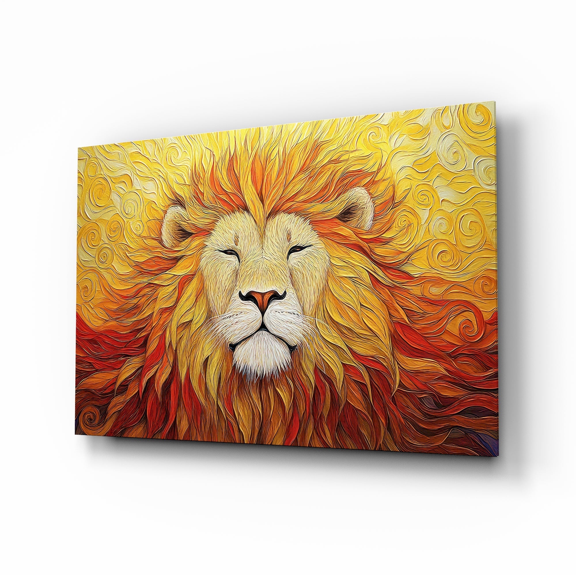 Impasto sunburst lion cinematic glass wall art over walnut console in designer office
