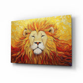 Impasto sunburst lion cinematic glass wall art over walnut console in designer office