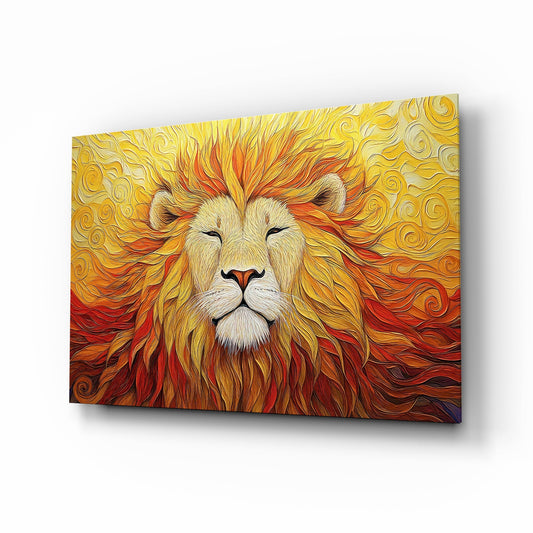Impasto sunburst lion cinematic glass wall art over walnut console in designer office