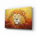 Impasto sunburst lion cinematic glass wall art over walnut console in designer office