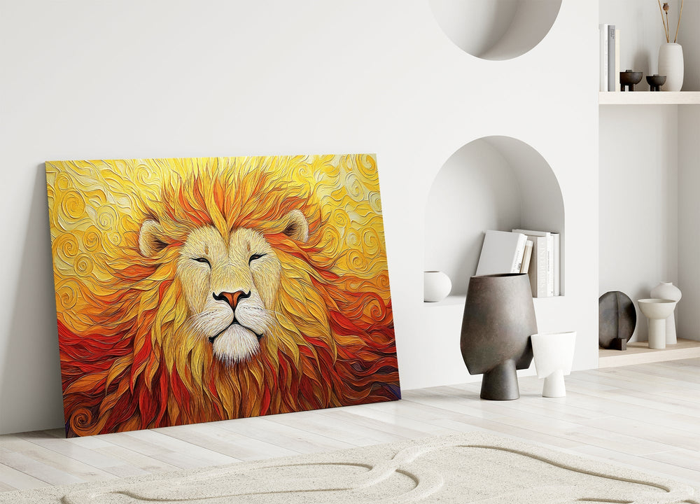 Impressionist lion cinematic glass wall art in heritage stairwell
