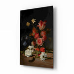 Dutch tulip still-life cinematic glass wall art over walnut console in heritage dining room
