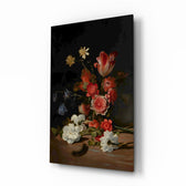 Dutch tulip still-life cinematic glass wall art over walnut console in heritage dining room