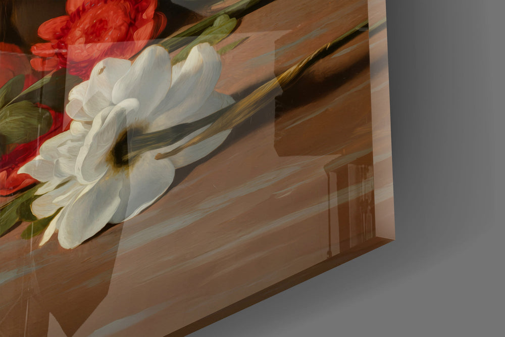 Old-Master still-life cinematic glass wall art in private library