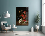 Memento-mori bouquet cinematic glass wall art in designer foyer