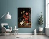 Memento-mori bouquet cinematic glass wall art in designer foyer
