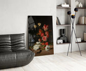Parrot-tulip still-life cinematic glass wall art over modern dining sideboard