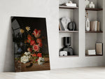 Dutch Golden Age cinematic glass wall art in boutique-hotel lounge