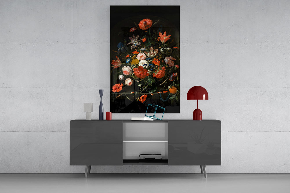 Heirloom floral cinematic glass wall art in formal sitting room