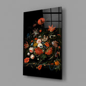 De Heem floral cinematic glass wall art in luxury restaurant entry
