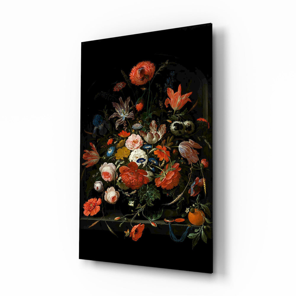 Dutch peony bouquet cinematic glass wall art over walnut console in heritage dining room