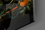 Old-Master still-life cinematic glass wall art in private library
