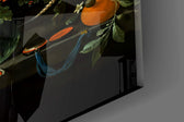 Old-Master still-life cinematic glass wall art in private library