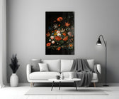 17th-century flower piece cinematic glass wall art in heritage stairwell