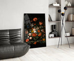 Marble-ledge still-life cinematic glass wall art over modern dining sideboard