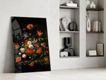 Dutch Golden Age cinematic glass wall art in boutique-hotel lounge