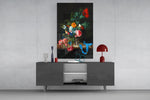 Silk-ribbon floral cinematic glass wall art in formal sitting room