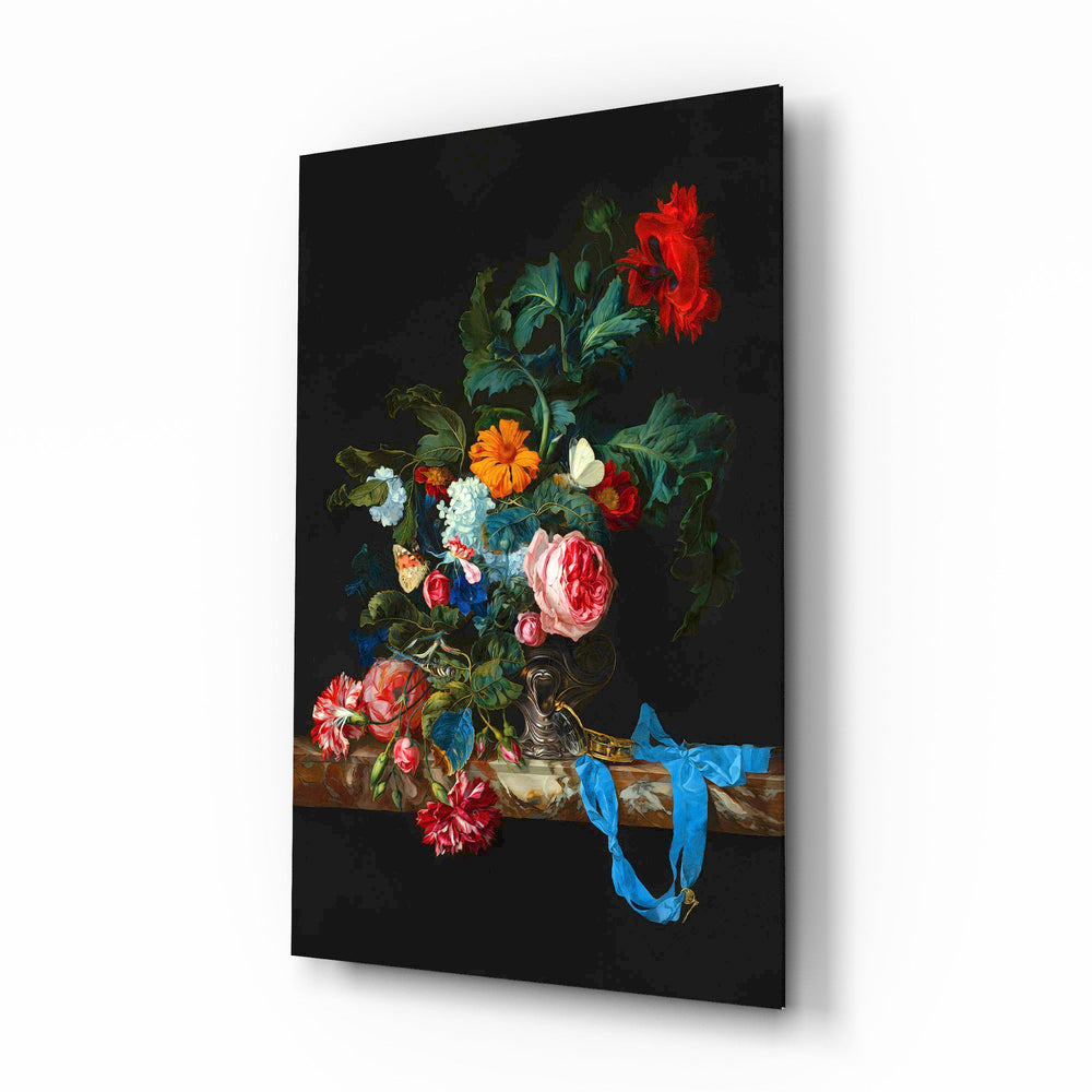 Dutch rose bouquet cinematic glass wall art over walnut console in heritage dining room