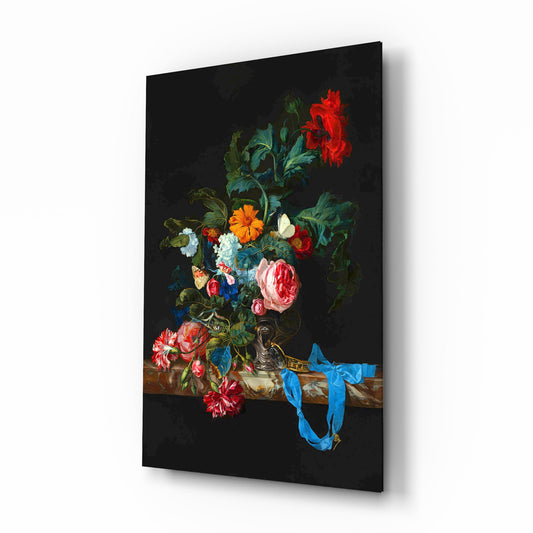 Dutch rose bouquet cinematic glass wall art over walnut console in heritage dining room