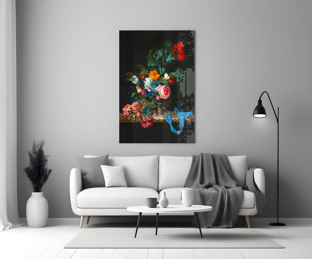 17th-century flower piece cinematic glass wall art in heritage stairwell