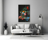 17th-century flower piece cinematic glass wall art in heritage stairwell
