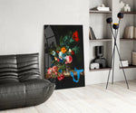 Pewter-ewer still-life cinematic glass wall art over modern dining sideboard